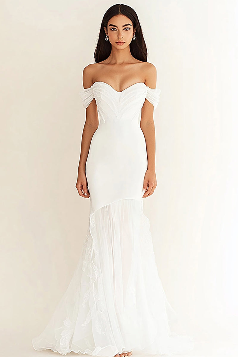 Load image into Gallery viewer, Off the Shoulder Mermaid White Long Wedding Dress
