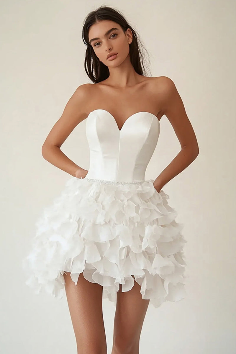 Load image into Gallery viewer, Strapless White A Line Tiered Ruffled Graduation Dress