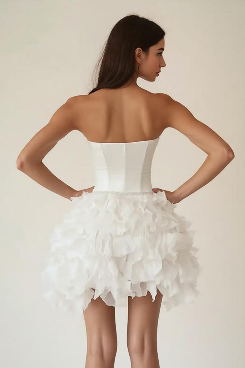 Load image into Gallery viewer, Strapless White A Line Tiered Ruffled Graduation Dress