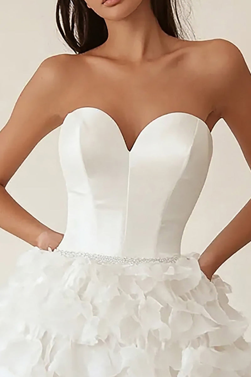 Load image into Gallery viewer, Strapless White A Line Tiered Ruffled Graduation Dress