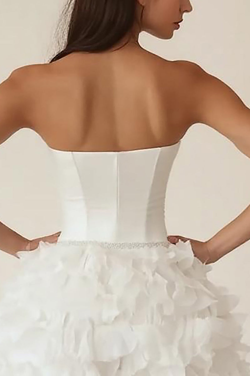Load image into Gallery viewer, Strapless White A Line Tiered Ruffled Graduation Dress