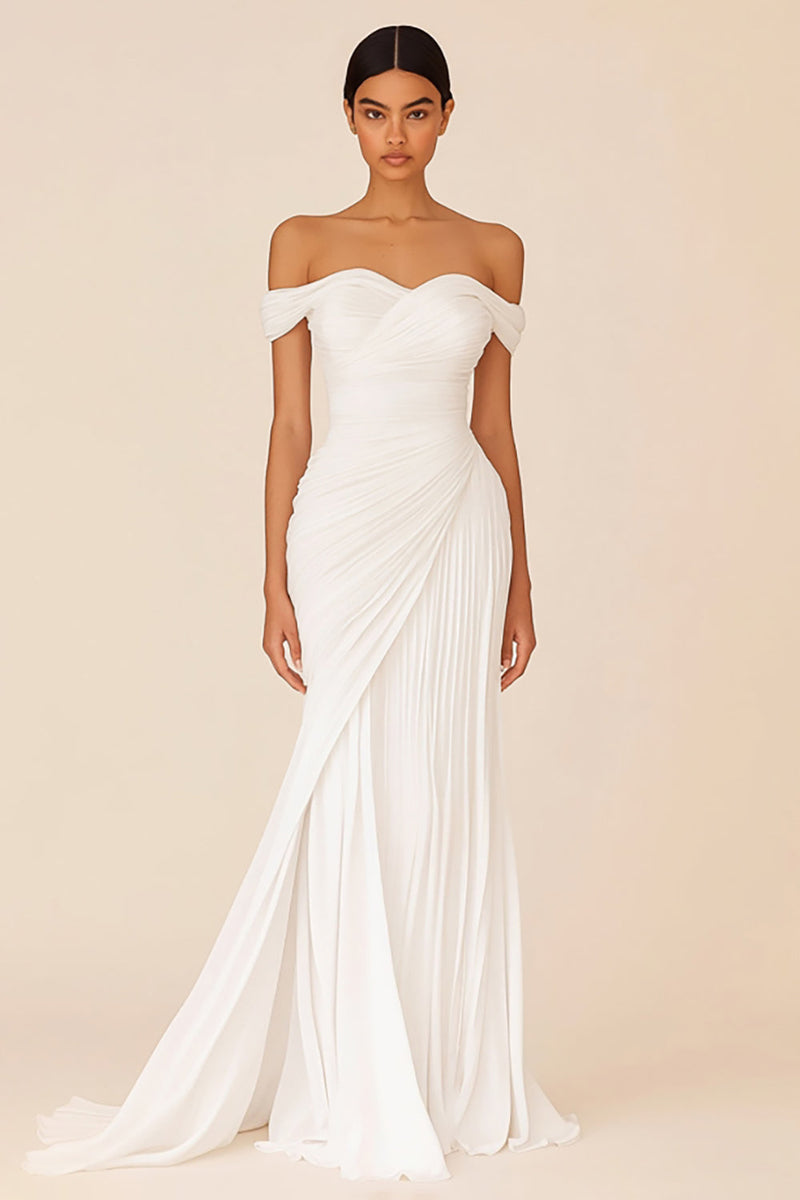 Load image into Gallery viewer, White Sheath Off the Shoulder Ruched Long Bridal Dress