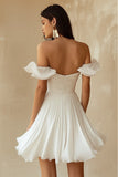 A Line Ruffled Off the Shoulder Pleated White Graduation Dress