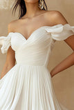 A Line Ruffled Off the Shoulder Pleated White Graduation Dress