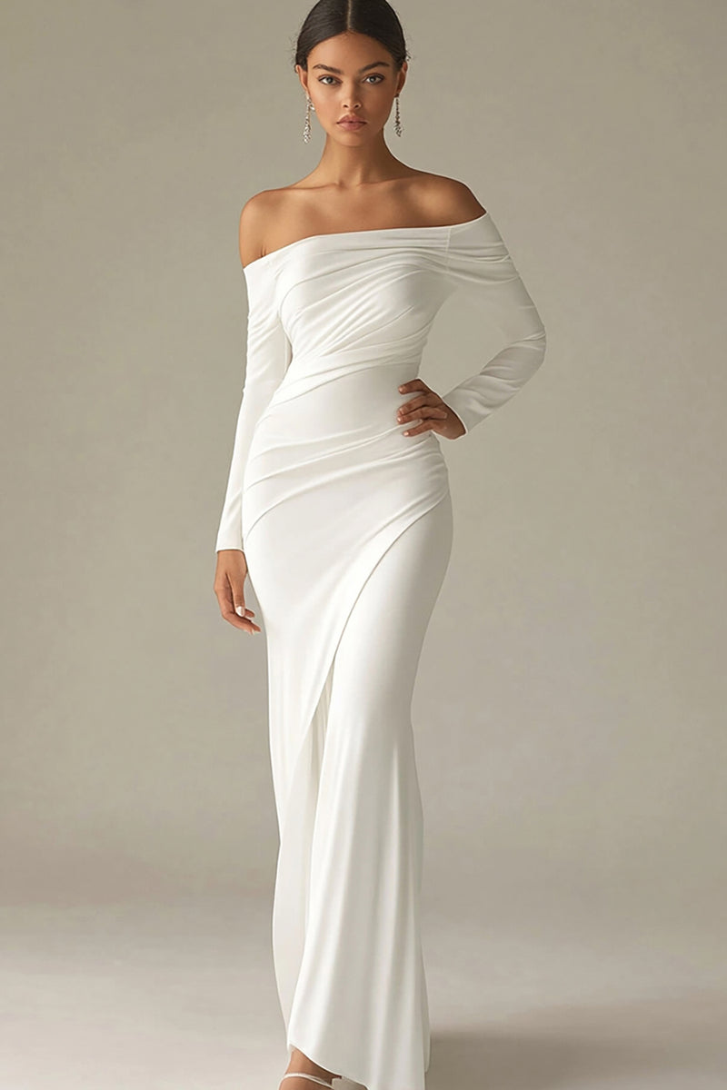 Load image into Gallery viewer, White Mermaid Off the Shoulder Long Sleeves Ruched Satin Long Bridal Dress
