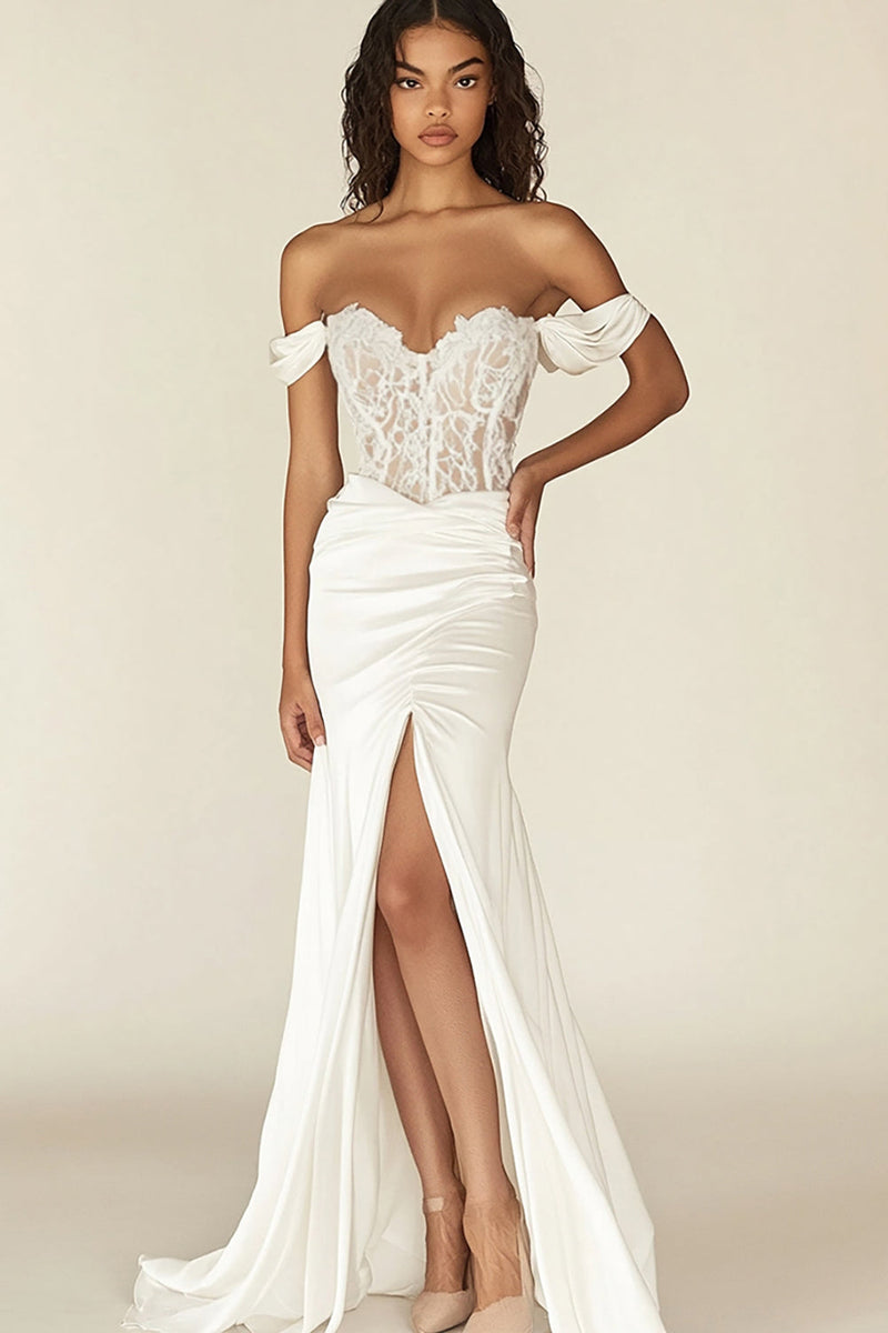 Load image into Gallery viewer, White Mermaid Off the Shoulder Corset Long Wedding Dress