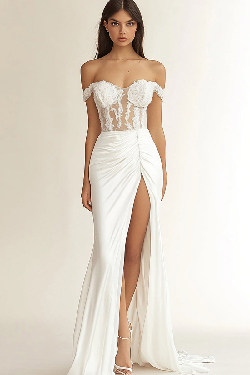 Load image into Gallery viewer, White Mermaid Off the Shoulder Ruched Satin Long Bridal Dress with Slit