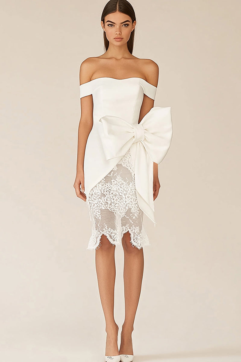 Load image into Gallery viewer, Off the Shoulder Lace Sheath White Graduation Dress with Bow