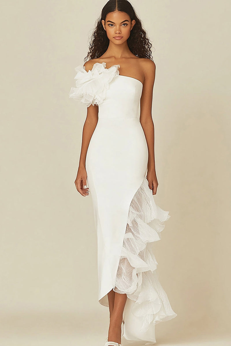 Load image into Gallery viewer, One Shoulder Sheath White Graduation Dress with Ruffles