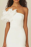 One Shoulder Sheath White Graduation Dress with Ruffles