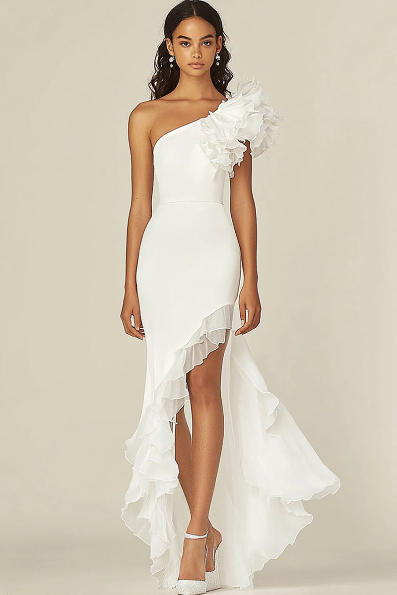 Load image into Gallery viewer, One Shoulder White Sheath Graduation Dress with Ruffles