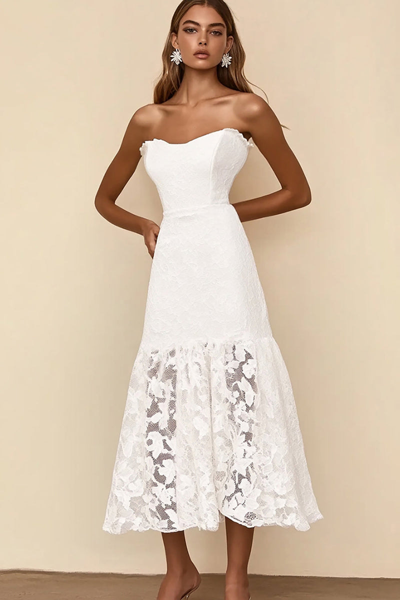 Load image into Gallery viewer, White A Line Strapless Lace Graduation Dress