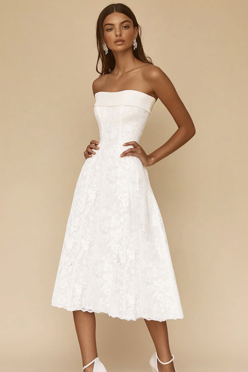 Load image into Gallery viewer, A-Line Strapless Lace Tea Length White Graduation Dress