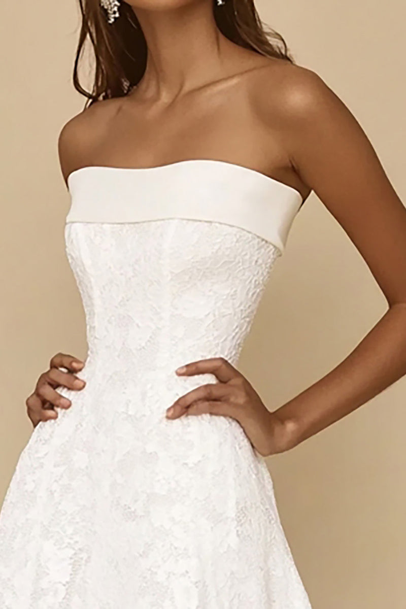 Load image into Gallery viewer, A-Line Strapless Lace Tea Length White Graduation Dress