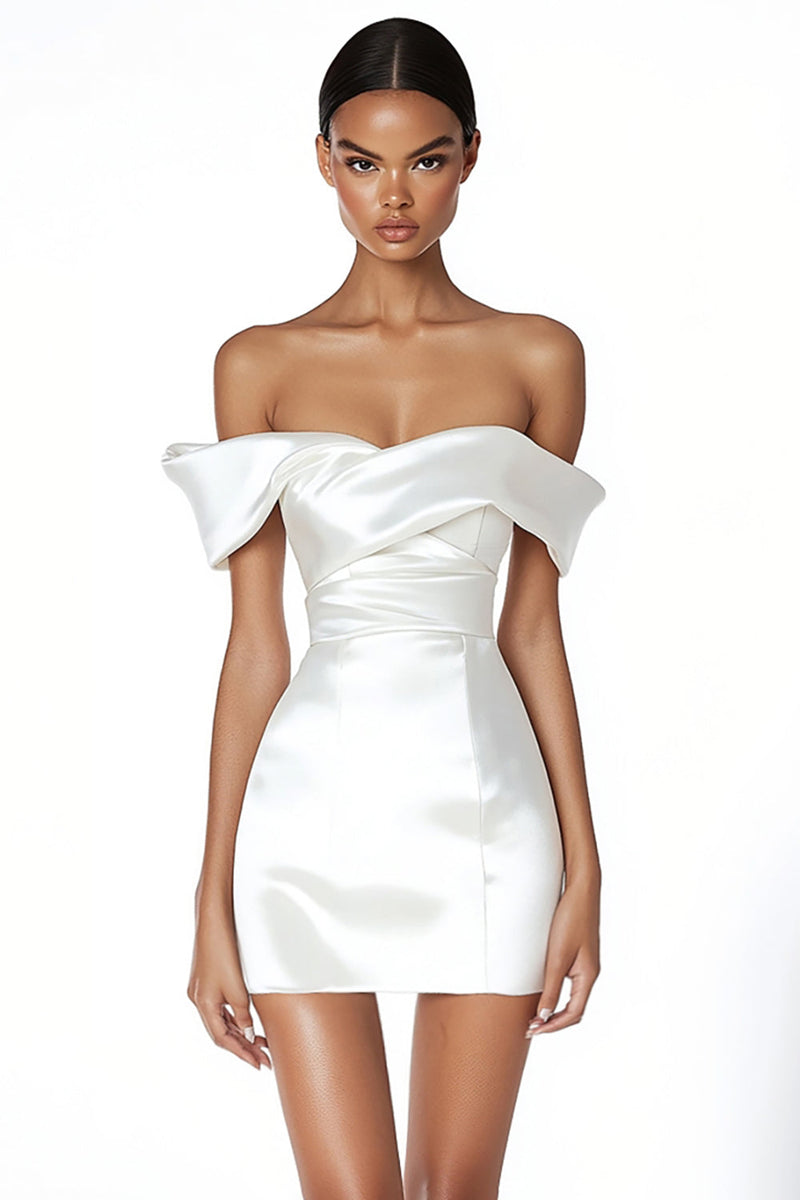 Load image into Gallery viewer, Off The Shoulder White Bodycon Satin Graduation Dress