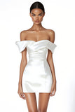 Off The Shoulder White Bodycon Satin Graduation Dress