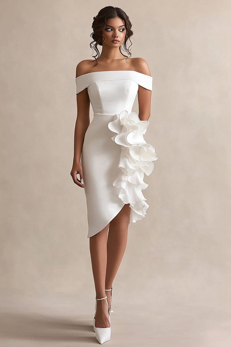 Load image into Gallery viewer, Off the Shoulder White Satin Graduation Dress with Ruffles
