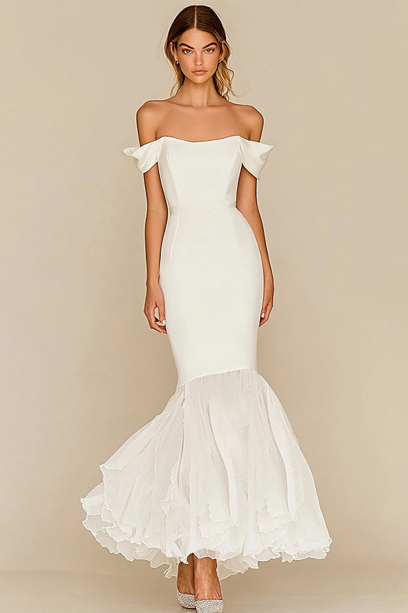 Load image into Gallery viewer, White Off The Shoulder Mermaid Satin Chiffon Wedding Dress