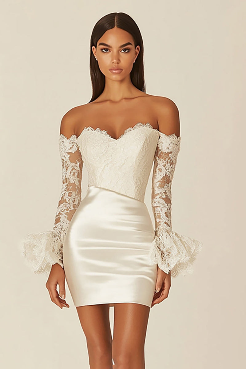 Load image into Gallery viewer, White Off The Shoulder Bodycon Lace Graduation Dress with Long Sleeves