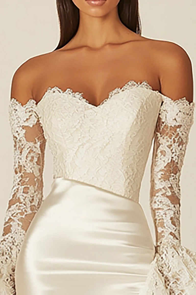 Load image into Gallery viewer, White Off The Shoulder Bodycon Lace Graduation Dress with Long Sleeves