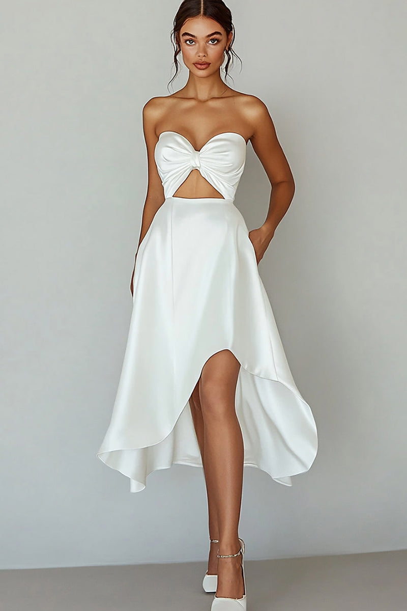 Load image into Gallery viewer, Strapless Cut Out White A Line Satin Graduation Dress