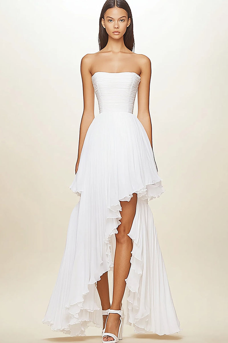 Load image into Gallery viewer, Strapless White A Line Ruffles Asymmetrical Engagement Dress