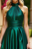 Halter Satin A Line Ruched Dark Green Prom Dress with Slit
