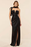 Strapless Sheath Ruched Satin Black Prom Dress with Slit
