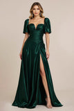 Dark Green Satin A Line Ruched Prom Dress with Slit