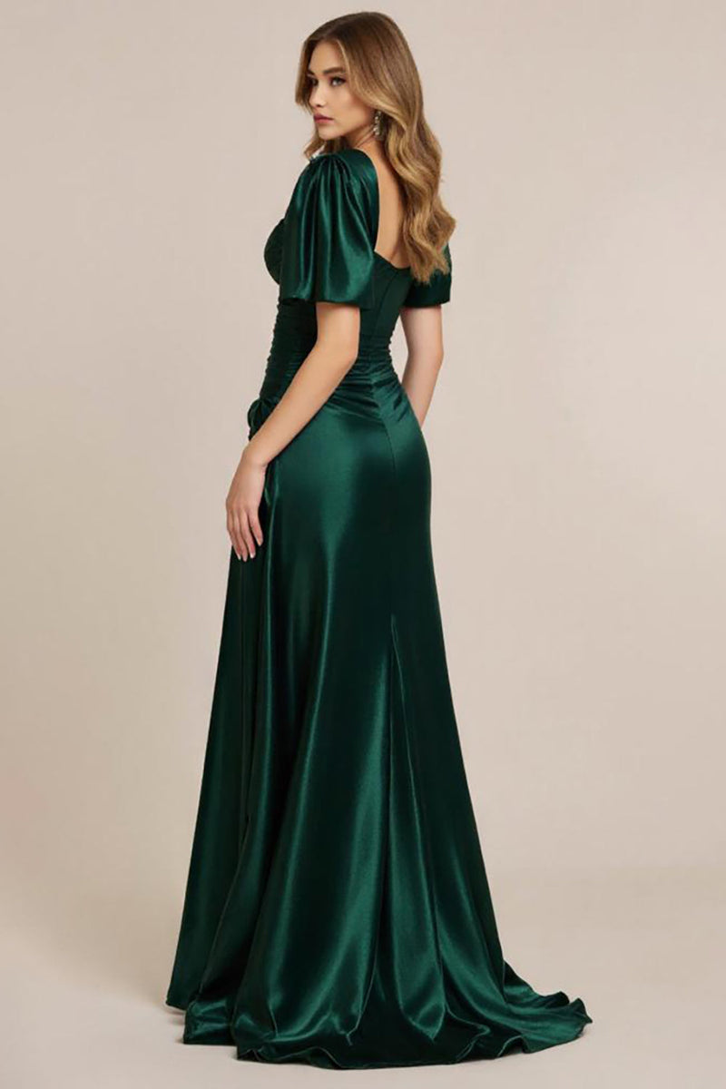 Load image into Gallery viewer, Dark Green Satin A Line Ruched Prom Dress with Slit