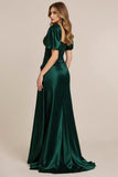Dark Green Satin A Line Ruched Prom Dress with Slit