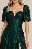 Dark Green Satin A Line Ruched Prom Dress with Slit