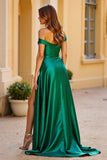 Off the Shoulder Satin A Line Dark Green Prom Dress with Slit