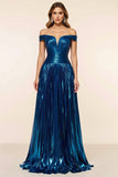 Off the Shoulder Pleated Peacock Blue A Line Prom Dress