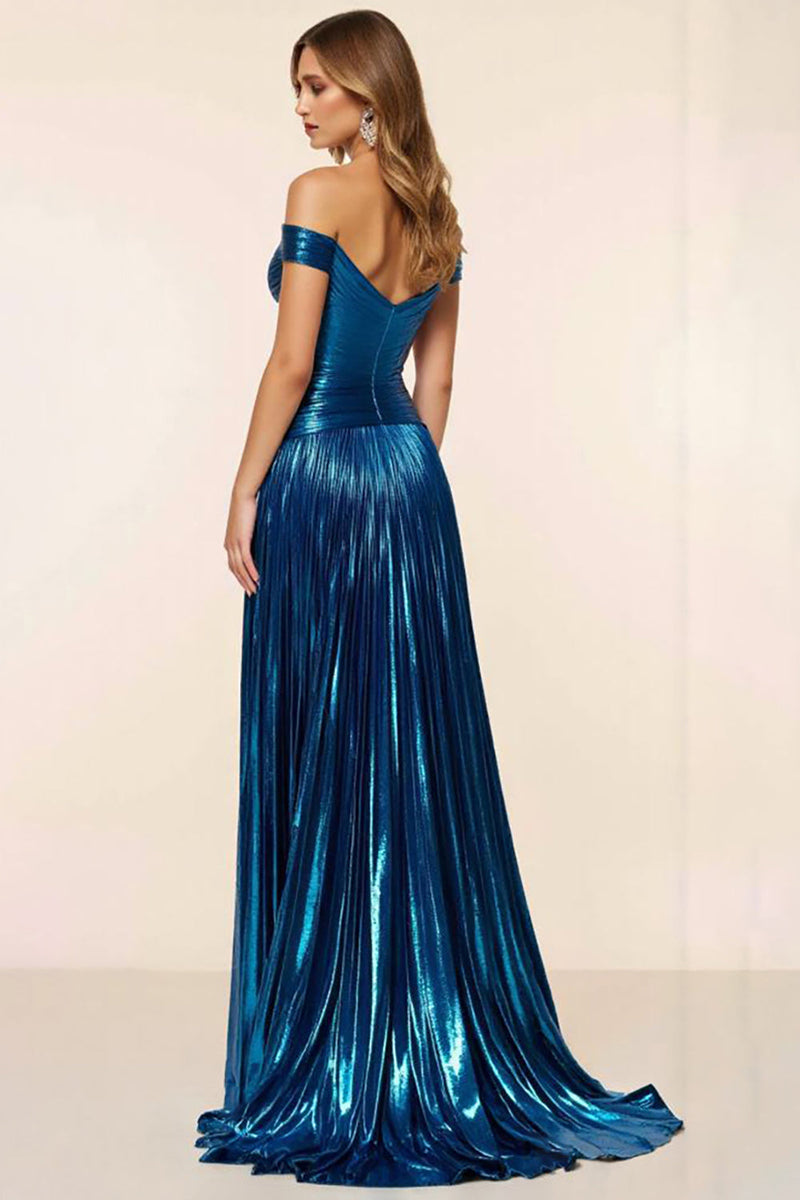 Load image into Gallery viewer, Off the Shoulder Pleated Peacock Blue A Line Prom Dress