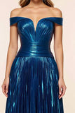 Off the Shoulder Pleated Peacock Blue A Line Prom Dress