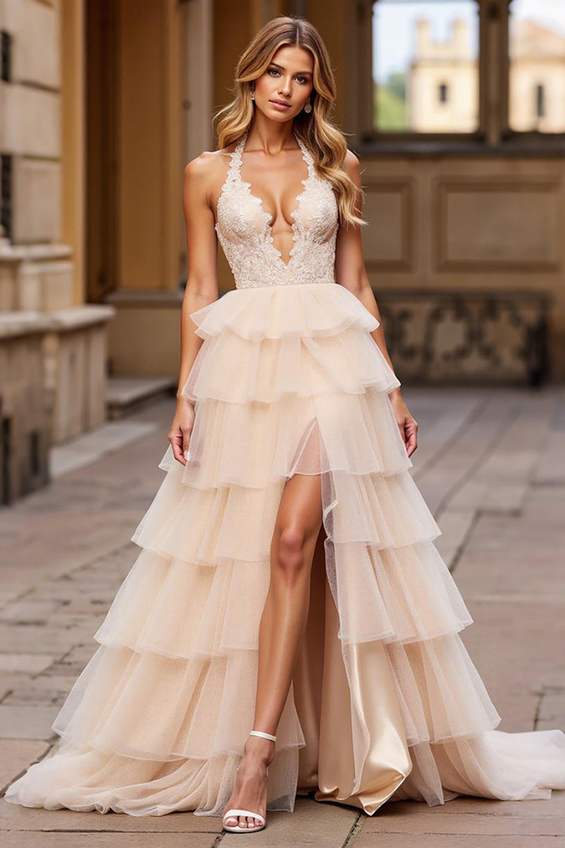 Load image into Gallery viewer, Halter Pink Tulle Lace Tiered Prom Dress with Slit
