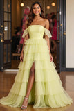 Yellow Tulle Tiered A Line Off the Shoulder Prom Dress with Slit