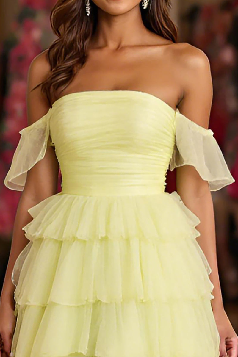 Load image into Gallery viewer, Yellow Tulle Tiered A Line Off the Shoulder Prom Dress with Slit