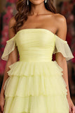 Yellow Tulle Tiered A Line Off the Shoulder Prom Dress with Slit