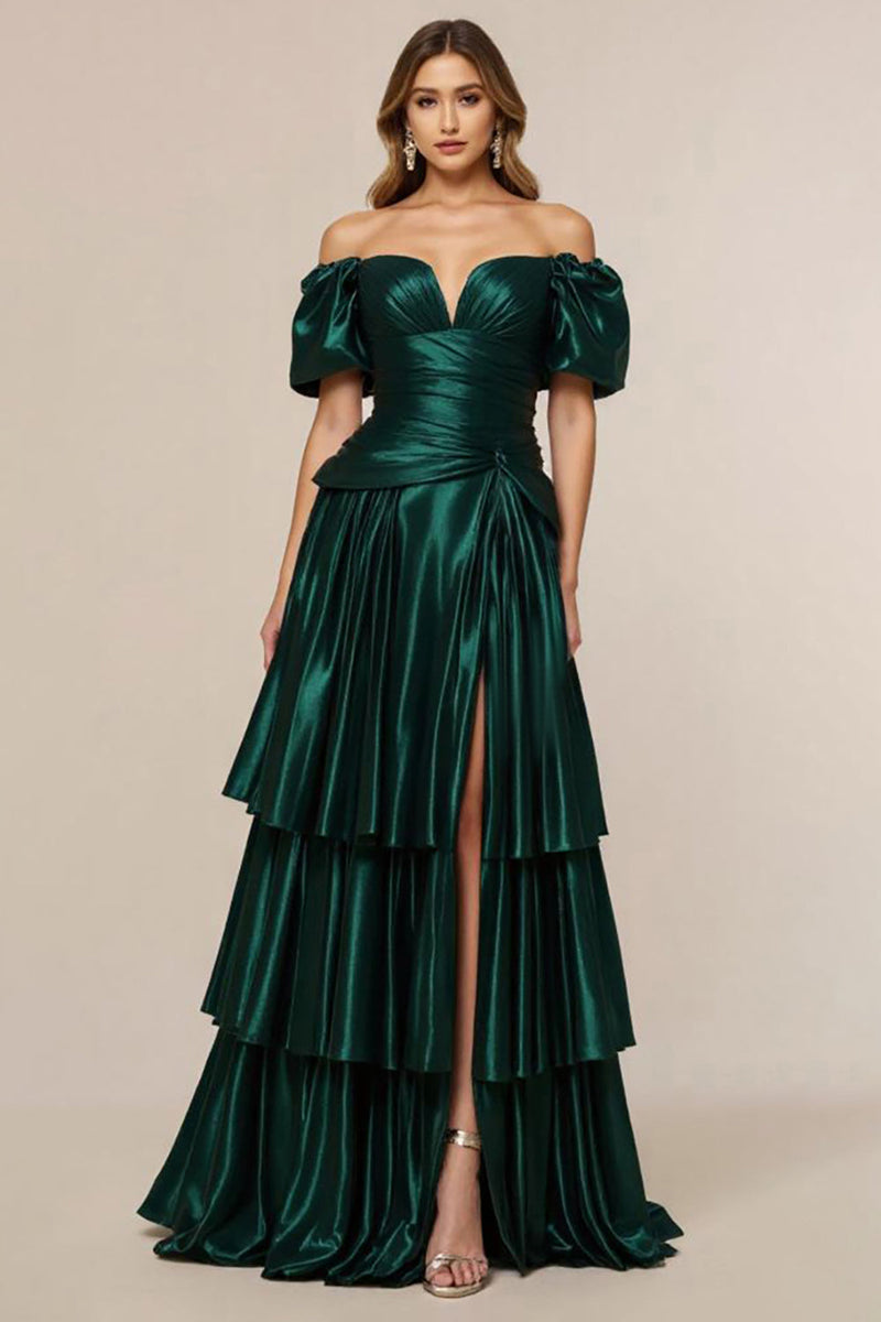 Load image into Gallery viewer, Off the Shoulder Dark Green A Line Tiered Satin Prom Dress