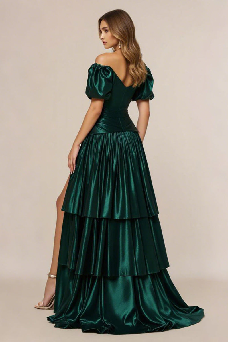 Load image into Gallery viewer, Off the Shoulder Dark Green A Line Tiered Satin Prom Dress