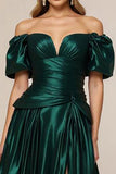 Off the Shoulder Dark Green A Line Tiered Satin Prom Dress