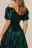 Off the Shoulder Dark Green A Line Tiered Satin Prom Dress
