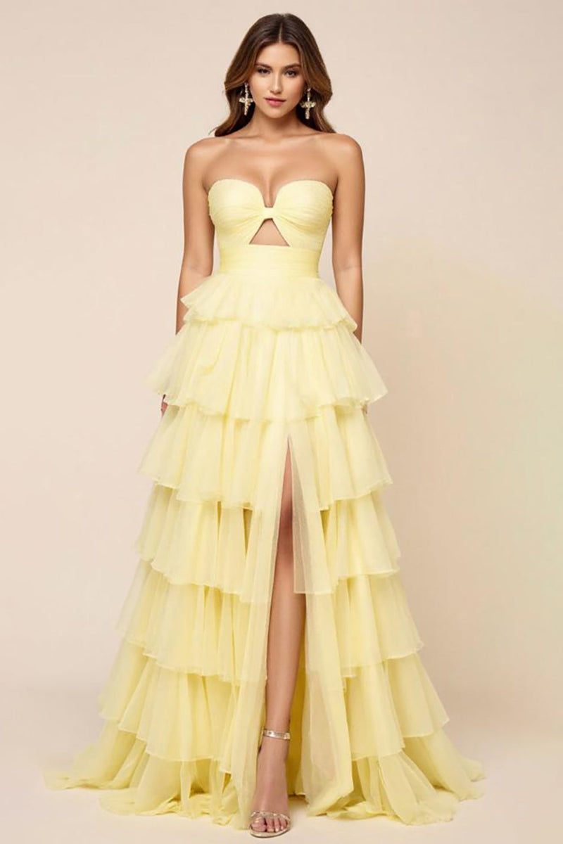 Load image into Gallery viewer, Hollow-out A Line Daffodil Organza Tiered Strapless Prom Dress with Slit