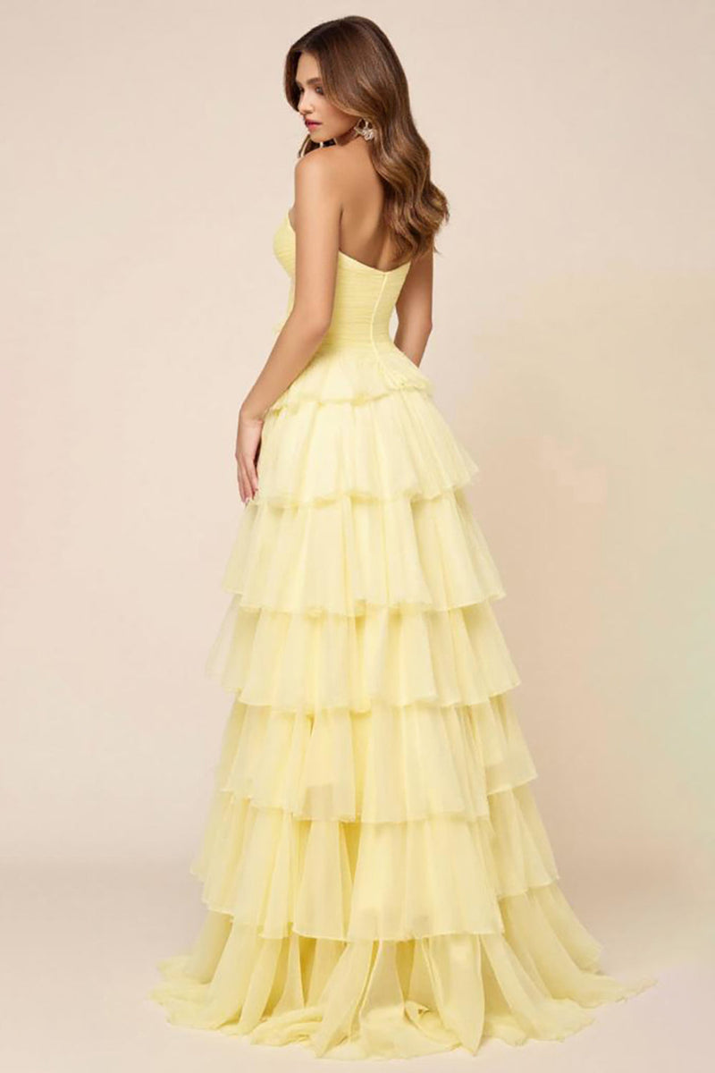 Load image into Gallery viewer, Hollow-out A Line Daffodil Organza Tiered Strapless Prom Dress with Slit