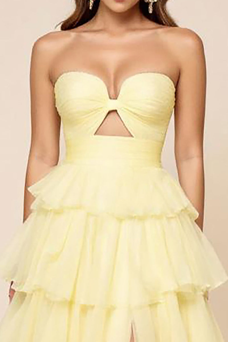Load image into Gallery viewer, Hollow-out A Line Daffodil Organza Tiered Strapless Prom Dress with Slit