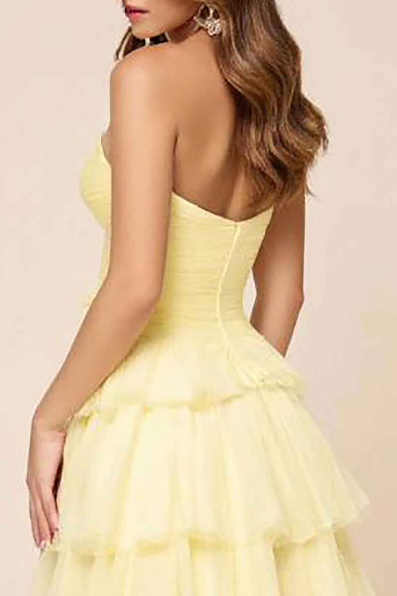 Load image into Gallery viewer, Hollow-out A Line Daffodil Organza Tiered Strapless Prom Dress with Slit