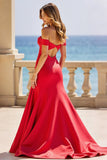 Off the Shoulder Red Satin A Line Hollow-out Prom Dress with Slit