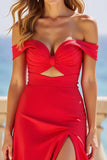 Off the Shoulder Red Satin A Line Hollow-out Prom Dress with Slit